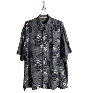 Retreat Men's Blue Floral Button-Down 100% Silk Short Sleeve Shirt